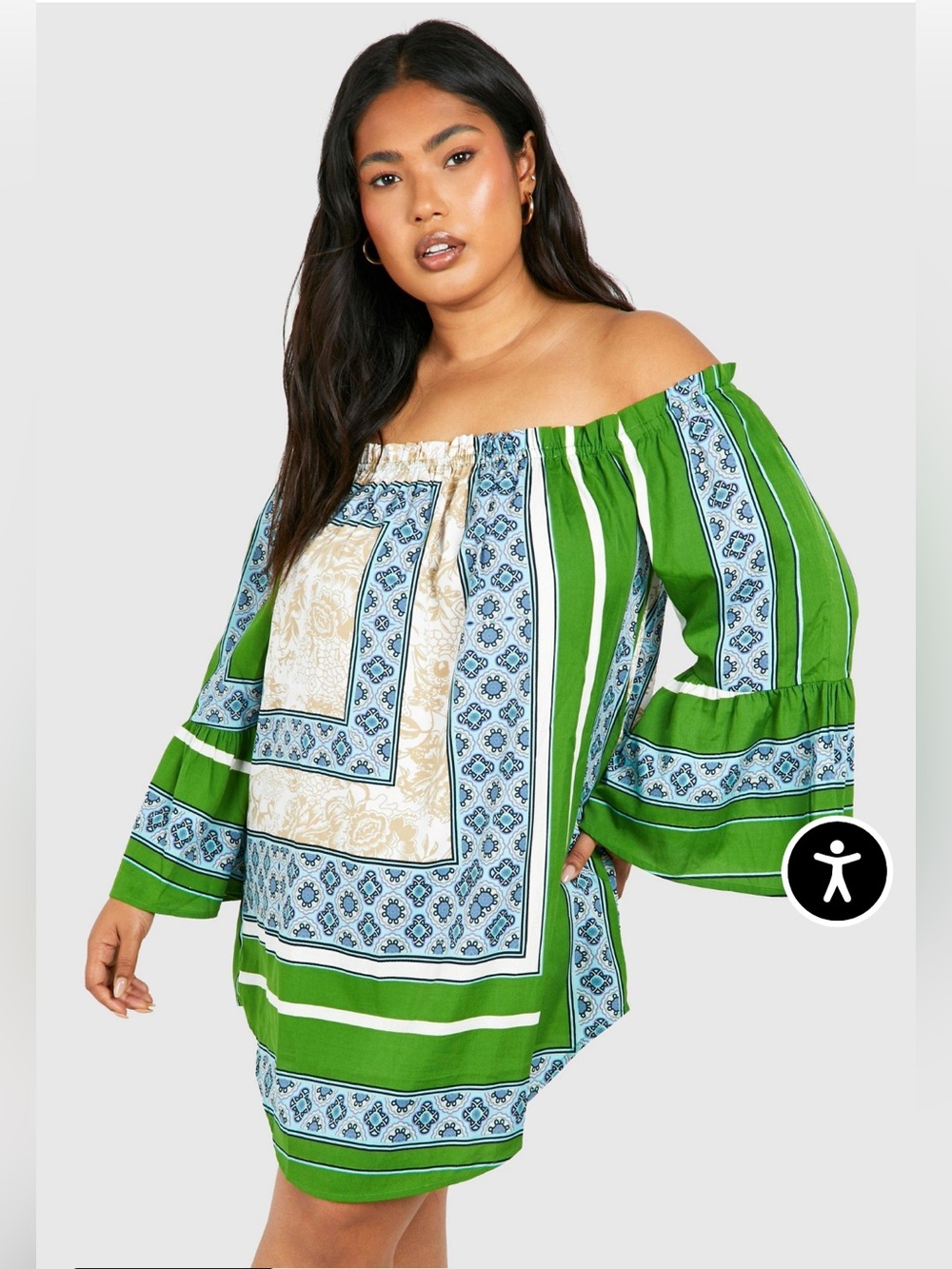 Boohoo Green Blue Tan Wide Bell Sleeve Off-Shoulder Tunic Dress Sz 16 NWT